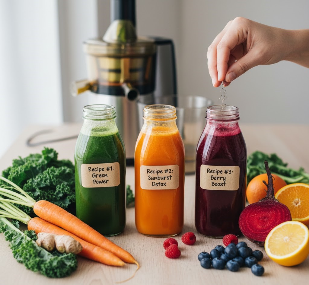 Homemade green juice and beet detox recipes with ginger, kale, and carrots for a 3-day juice cleanse